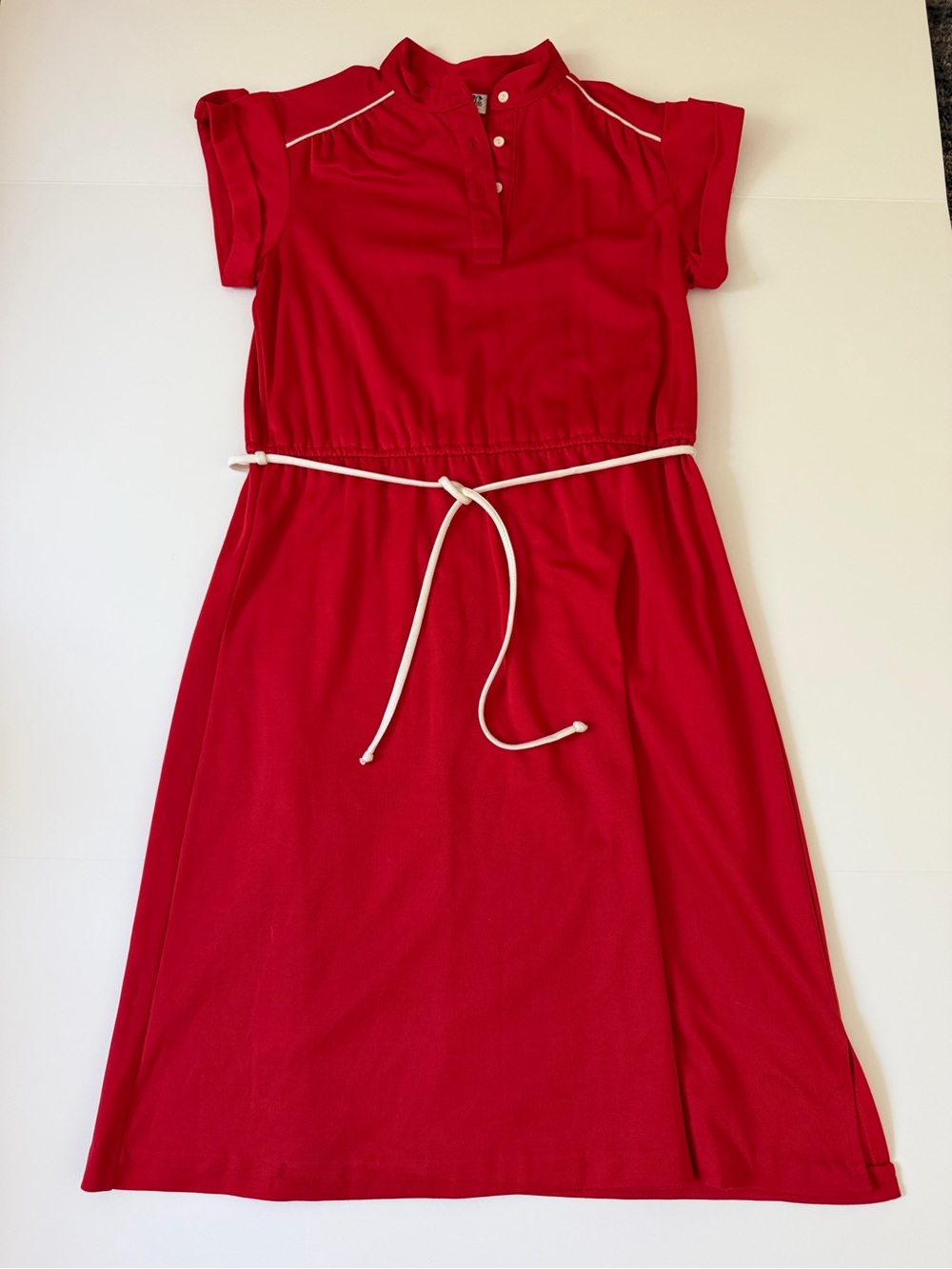 Vintage Red Dress with White Accents and Waist Tie in Front